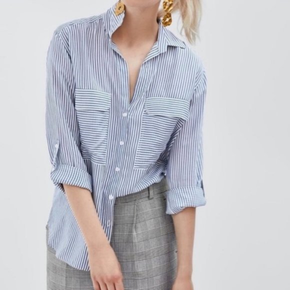 Zara Tops - Zara Blue & White Striped Button Down